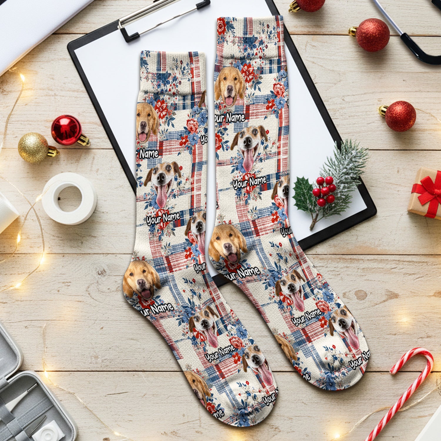 Personalized Dog Patriotic Plaid Floral Pattern Socks, Adult Socks for Men and Women