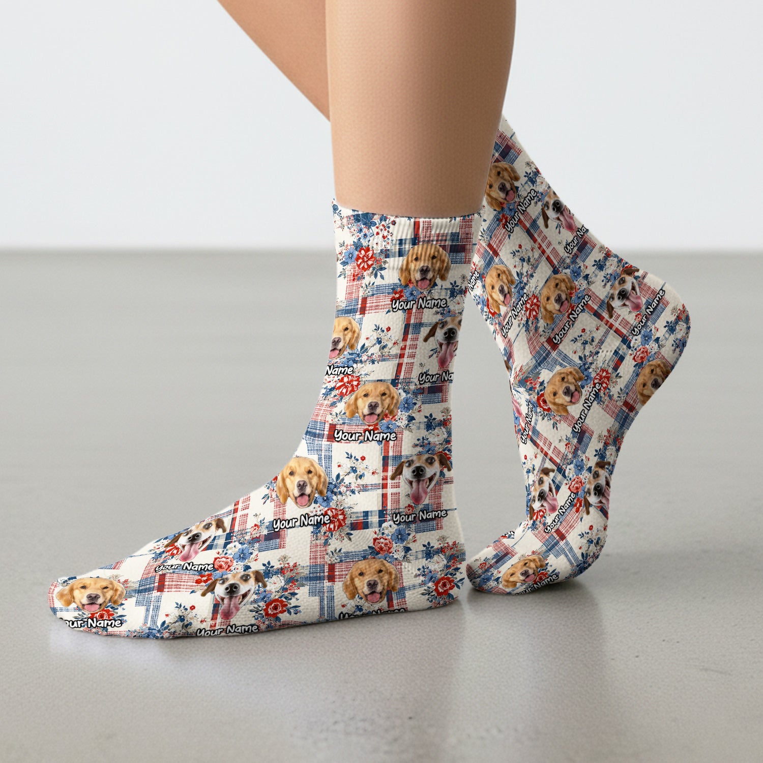 Personalized Dog Patriotic Plaid Floral Pattern Socks, Adult Socks for Men and Women