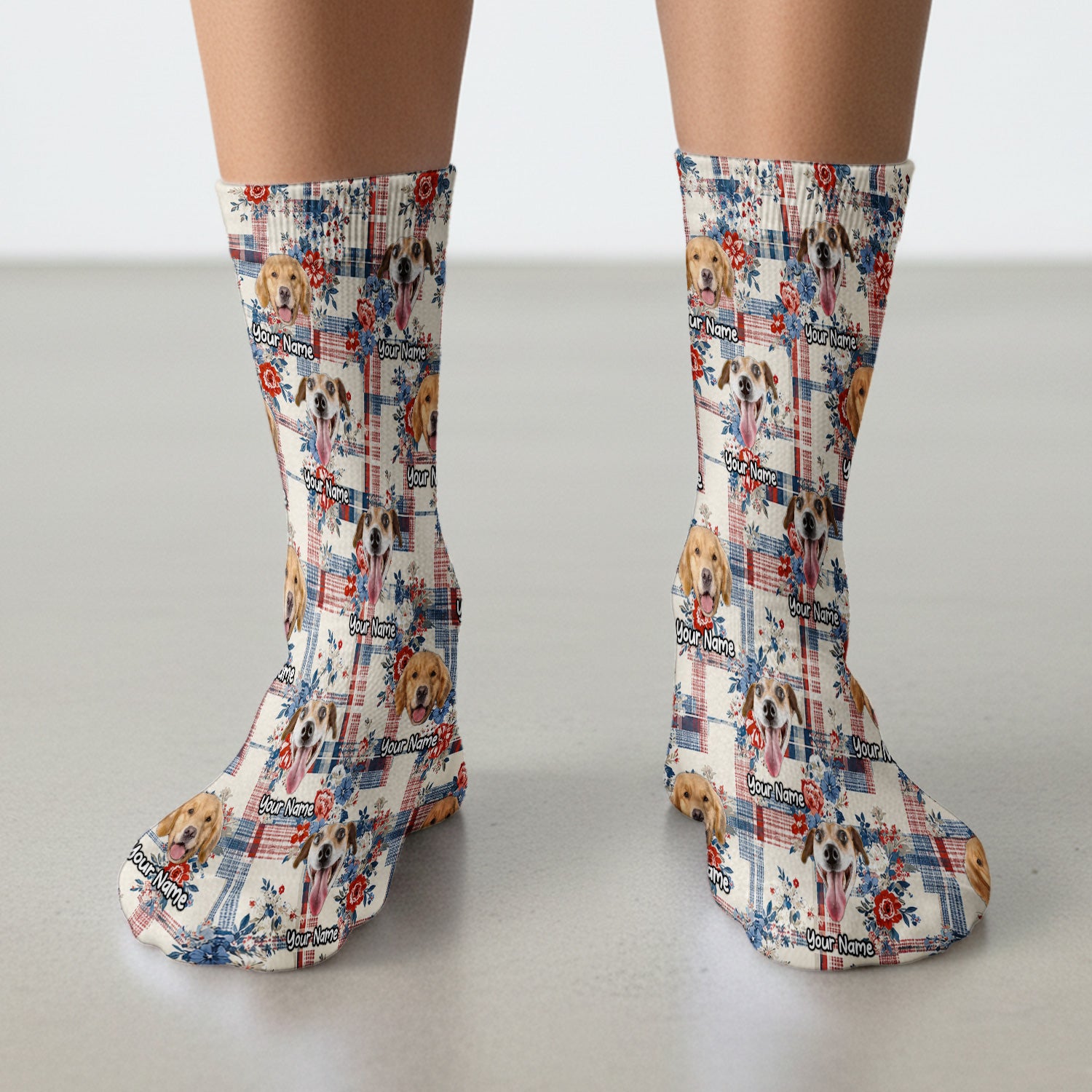 Personalized Dog Patriotic Plaid Floral Pattern Socks, Adult Socks for Men and Women