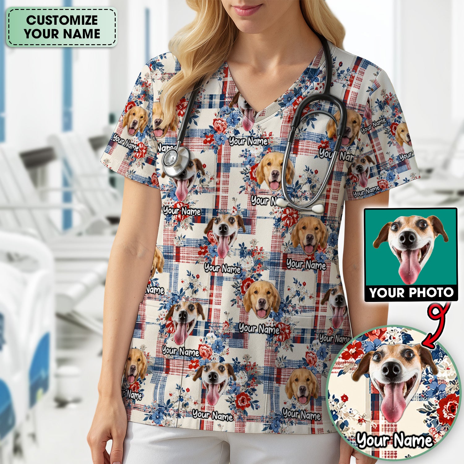 Personalized Dog Patriotic Plaid Floral Pattern Scrub Top, Comfortable Scrubs for Nurses