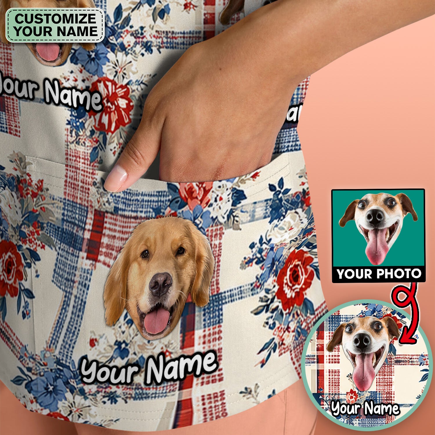 Personalized Dog Patriotic Plaid Floral Pattern Scrub Top, Comfortable Scrubs for Nurses