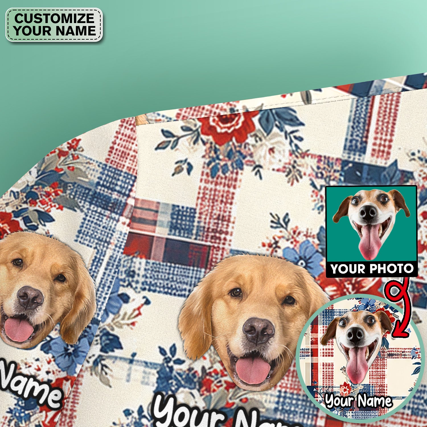 Personalized Dog Patriotic Plaid Floral Pattern Scrub Top, Comfortable Scrubs for Nurses