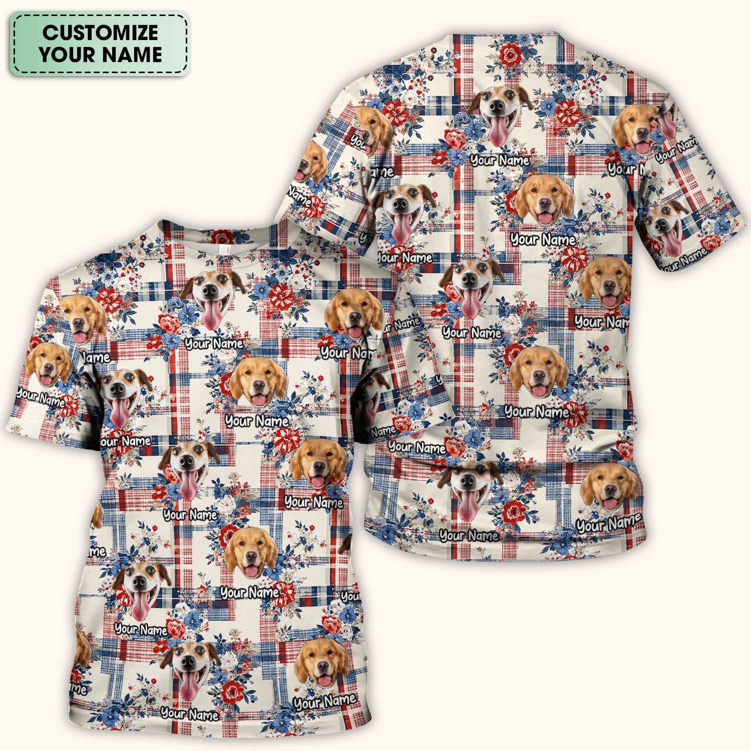 Personalized Dog Patriotic Plaid Floral Pattern Scrub Top, Comfortable Scrubs for Nurses