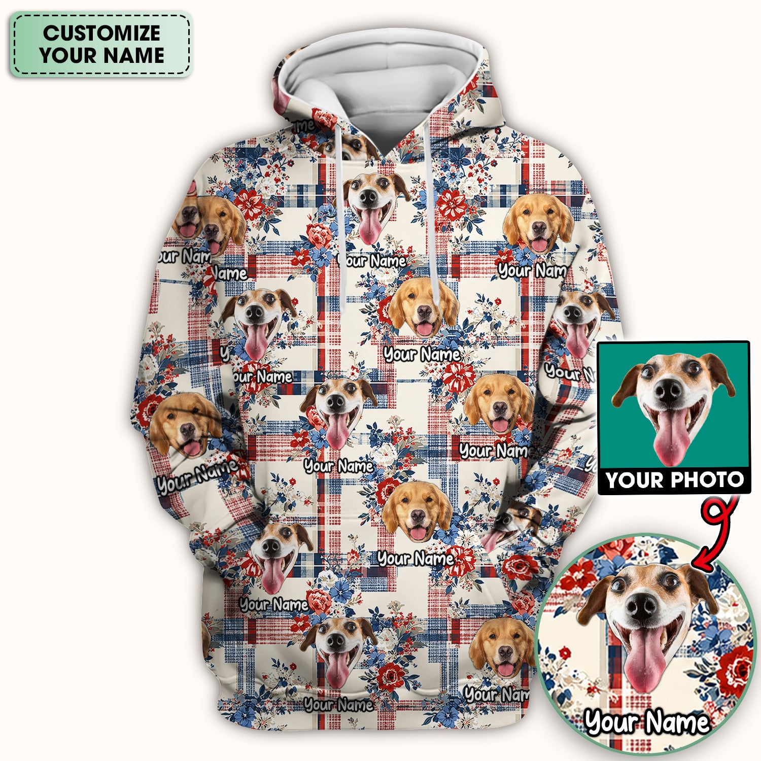 Personalized Dog Patriotic Plaid Floral Pattern Scrub Top, Comfortable Scrubs for Nurses
