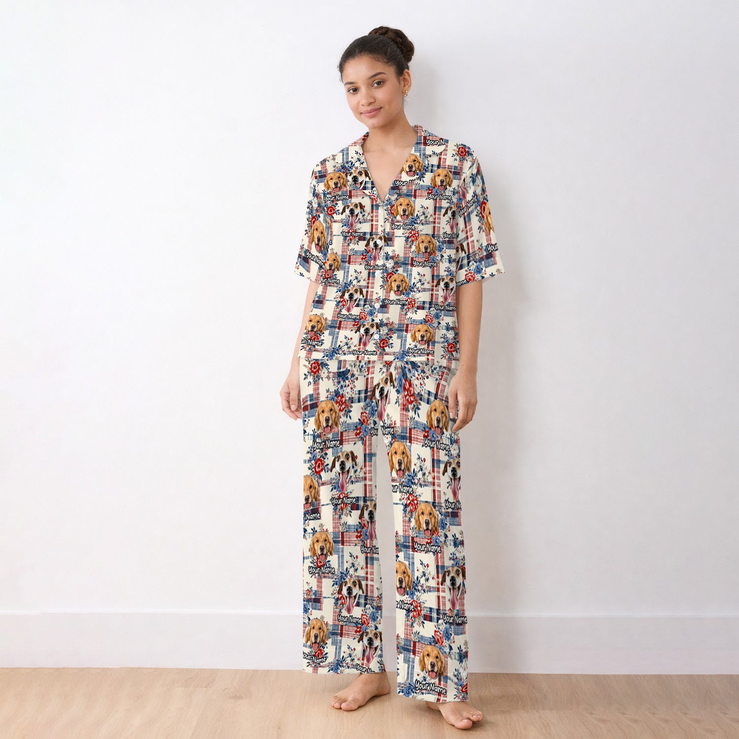 Personalized Dog Patriotic Plaid Floral Pattern Pajama Set, Soft Breathable Fabric Comfortable Sleepwear