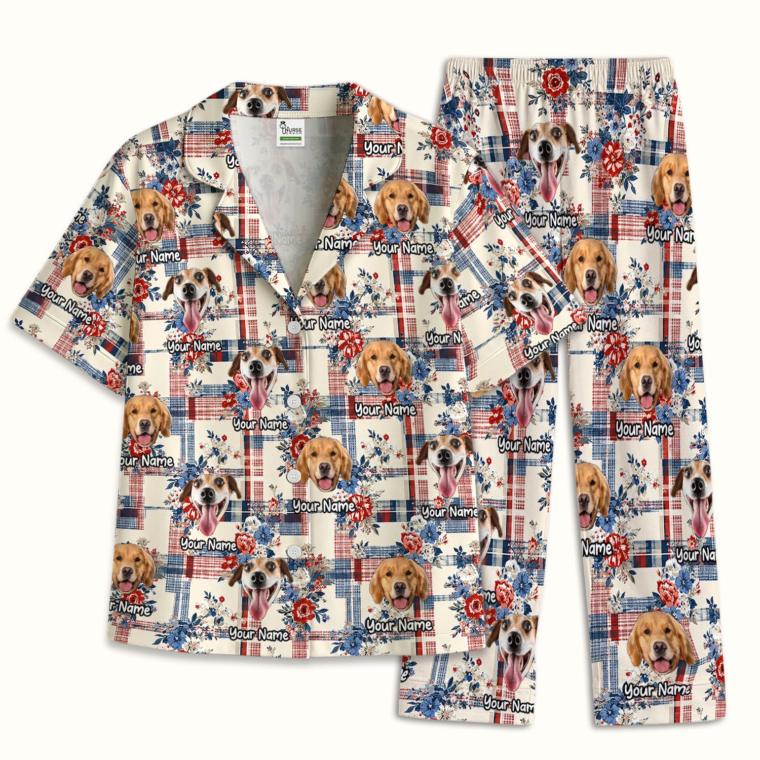 Personalized Dog Patriotic Plaid Floral Pattern Pajama Set, Soft Breathable Fabric Comfortable Sleepwear