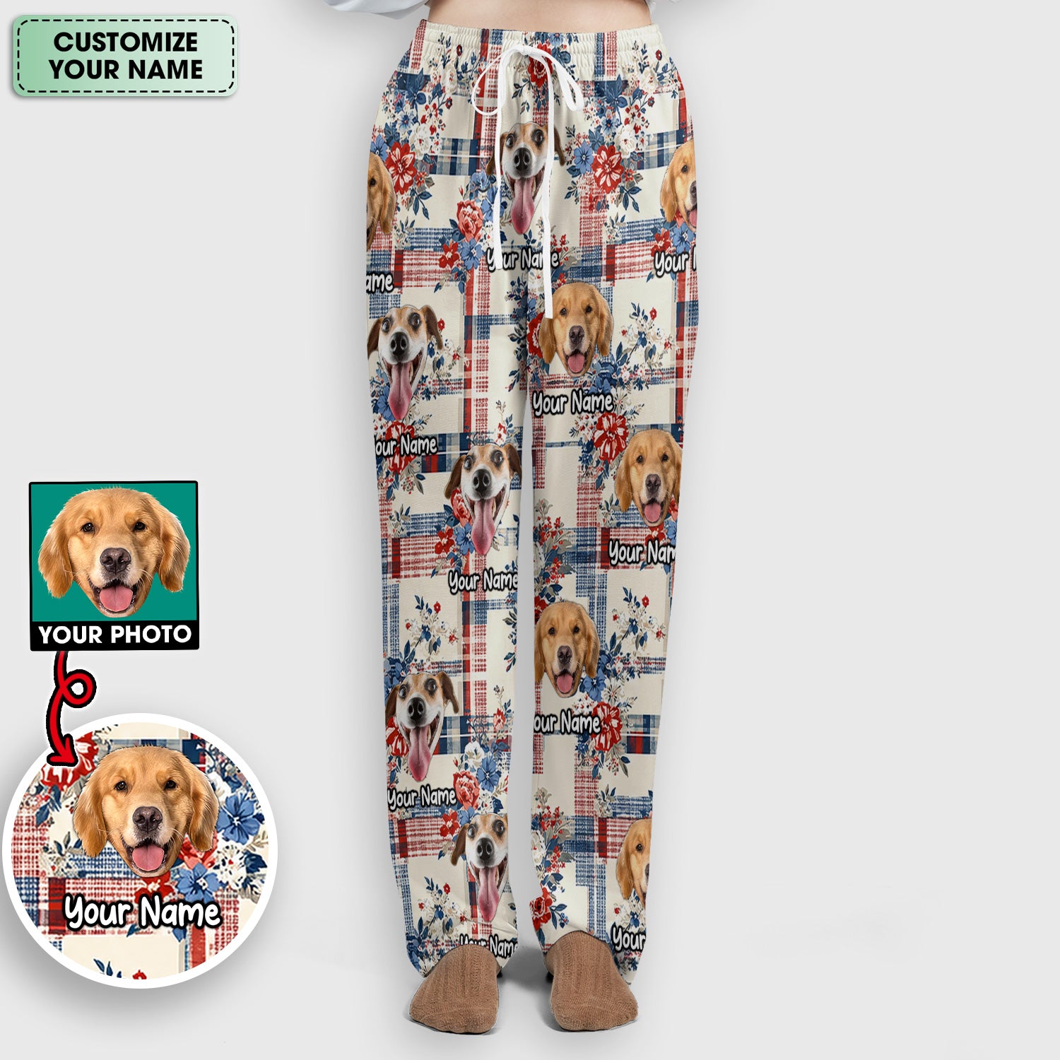 Personalized Dog Patriotic Plaid Floral Pattern Scrub Set, Scrub Pants and V Neck Top