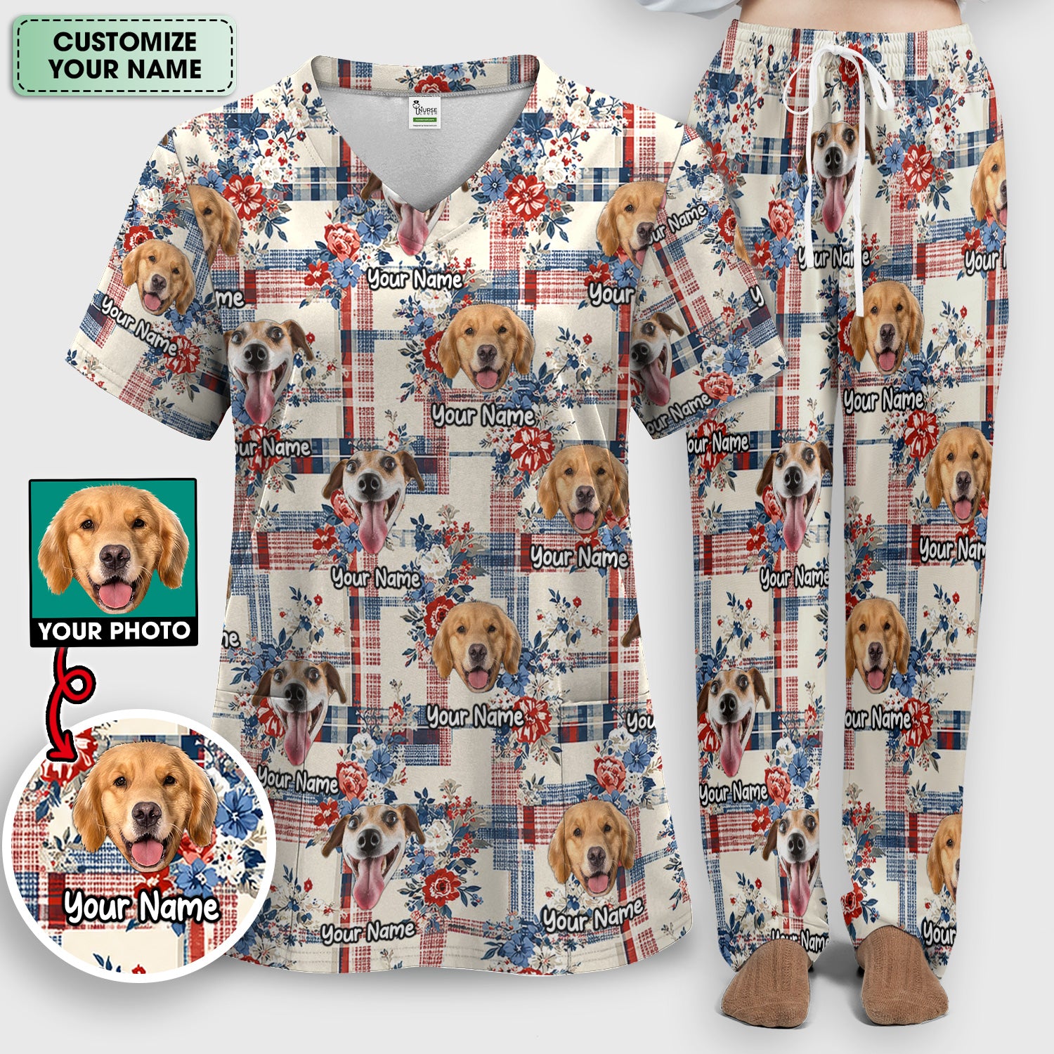 Personalized Dog Patriotic Plaid Floral Pattern Scrub Set, Scrub Pants and V Neck Top