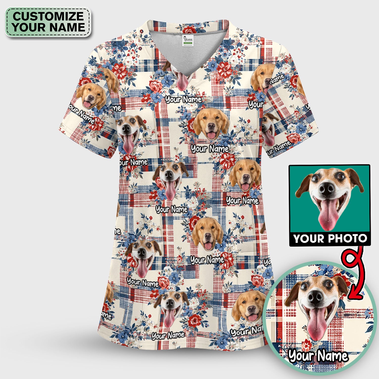 Personalized Dog Patriotic Plaid Floral Pattern Scrub Top, Comfortable Scrubs for Nurses