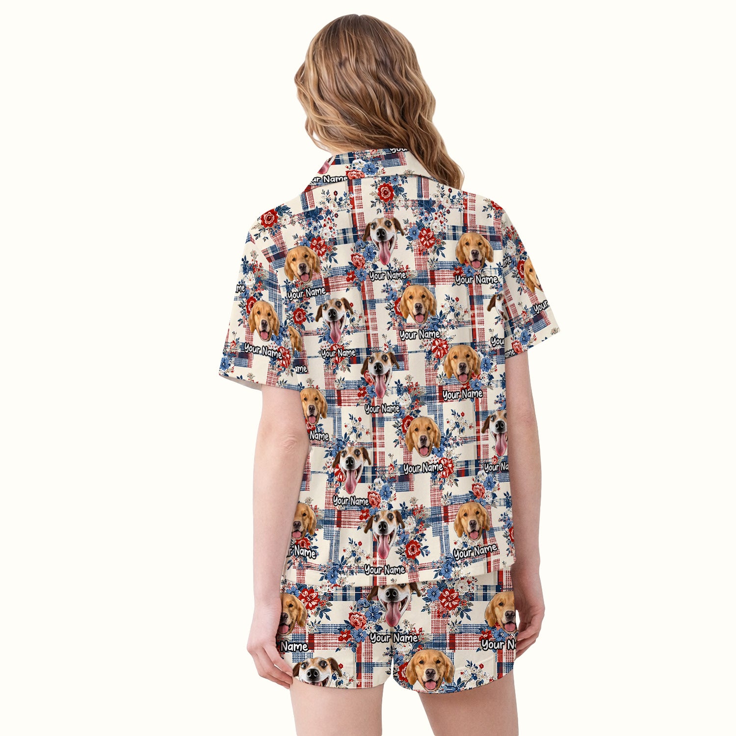 Personalized Dog Patriotic Plaid Floral Pattern Pajama Set, Soft Breathable Fabric Comfortable Sleepwear