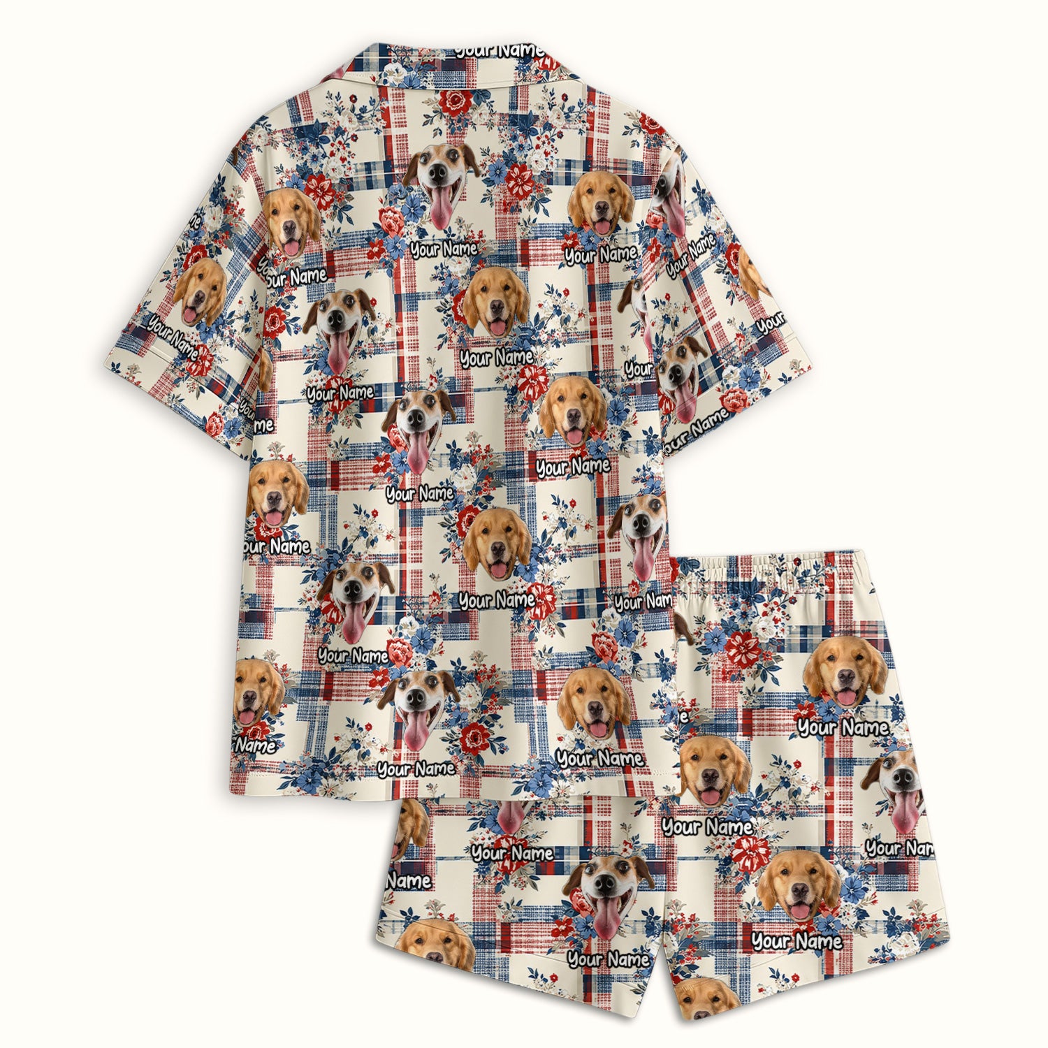 Personalized Dog Patriotic Plaid Floral Pattern Pajama Set, Soft Breathable Fabric Comfortable Sleepwear
