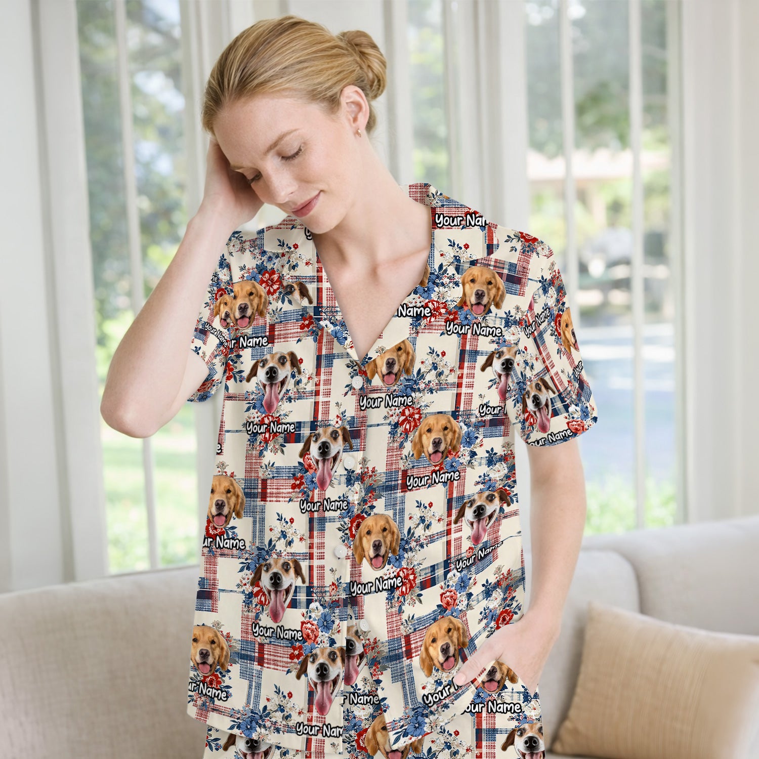 Personalized Dog Patriotic Plaid Floral Pattern Pajama Set, Soft Breathable Fabric Comfortable Sleepwear
