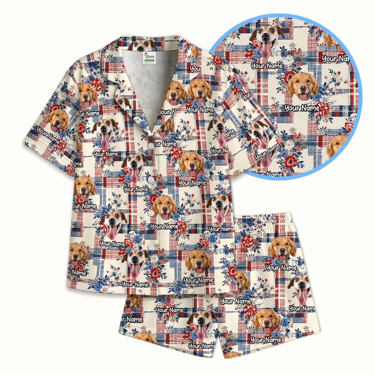 Personalized Dog Patriotic Plaid Floral Pattern Pajama Set, Soft Breathable Fabric Comfortable Sleepwear