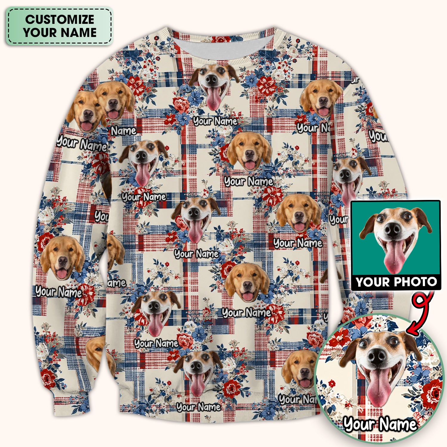 Personalized Dog Patriotic Plaid Floral Pattern Scrub Top, Comfortable Scrubs for Nurses
