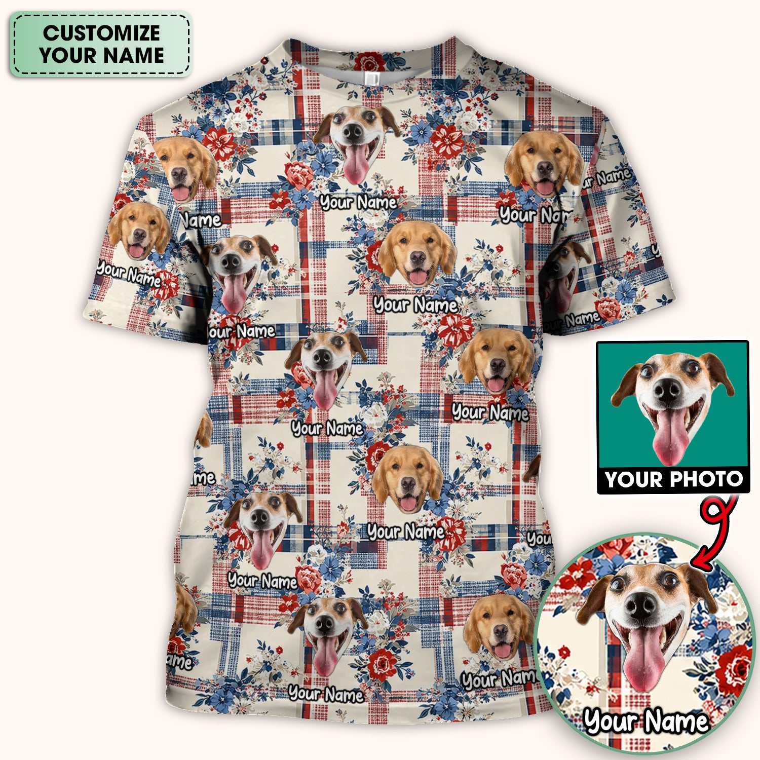 Personalized Dog Patriotic Plaid Floral Pattern Scrub Top, Comfortable Scrubs for Nurses