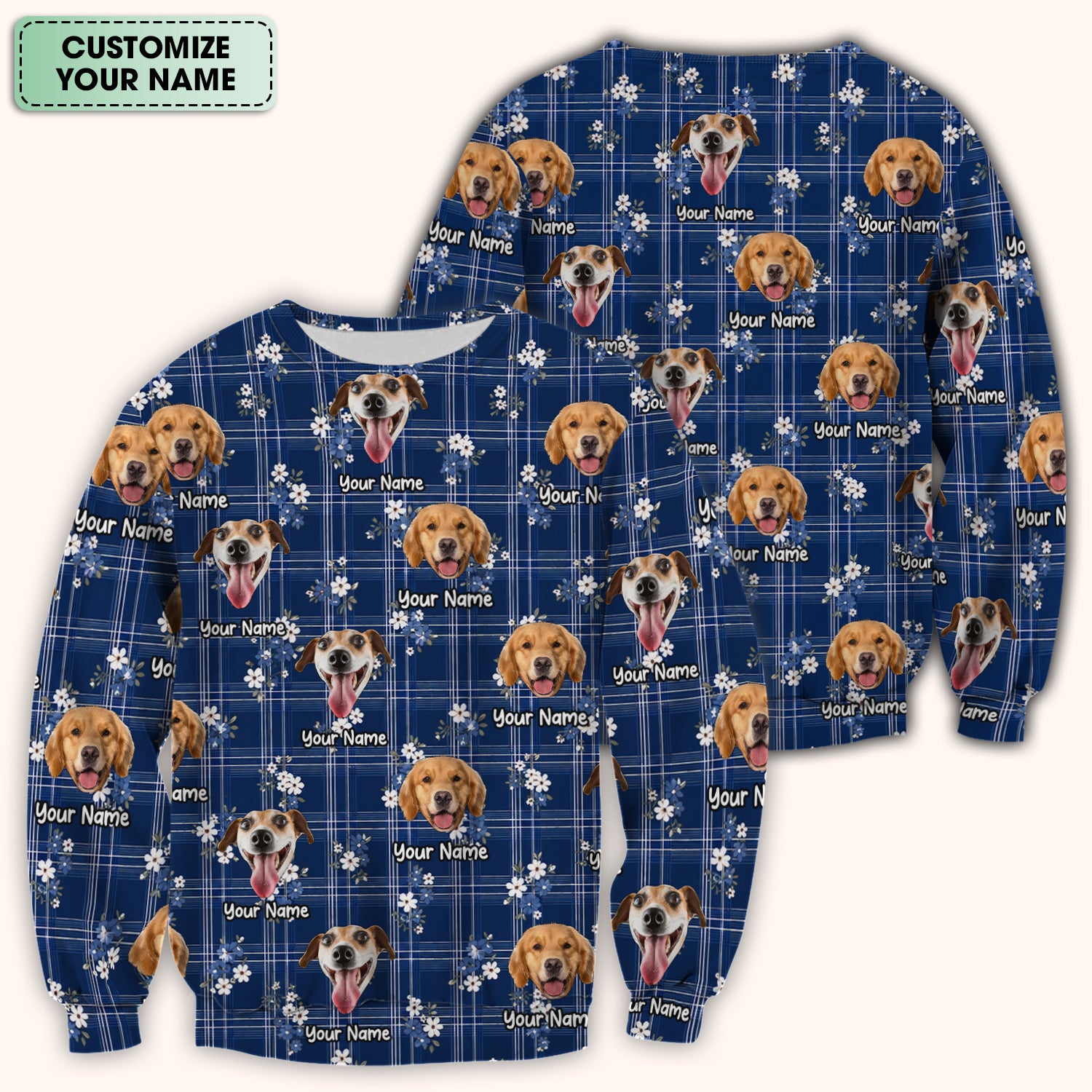 Custom Face Dog With Floral Plaid Pattern Scrub Top, Comfortable Scrubs for Nurses