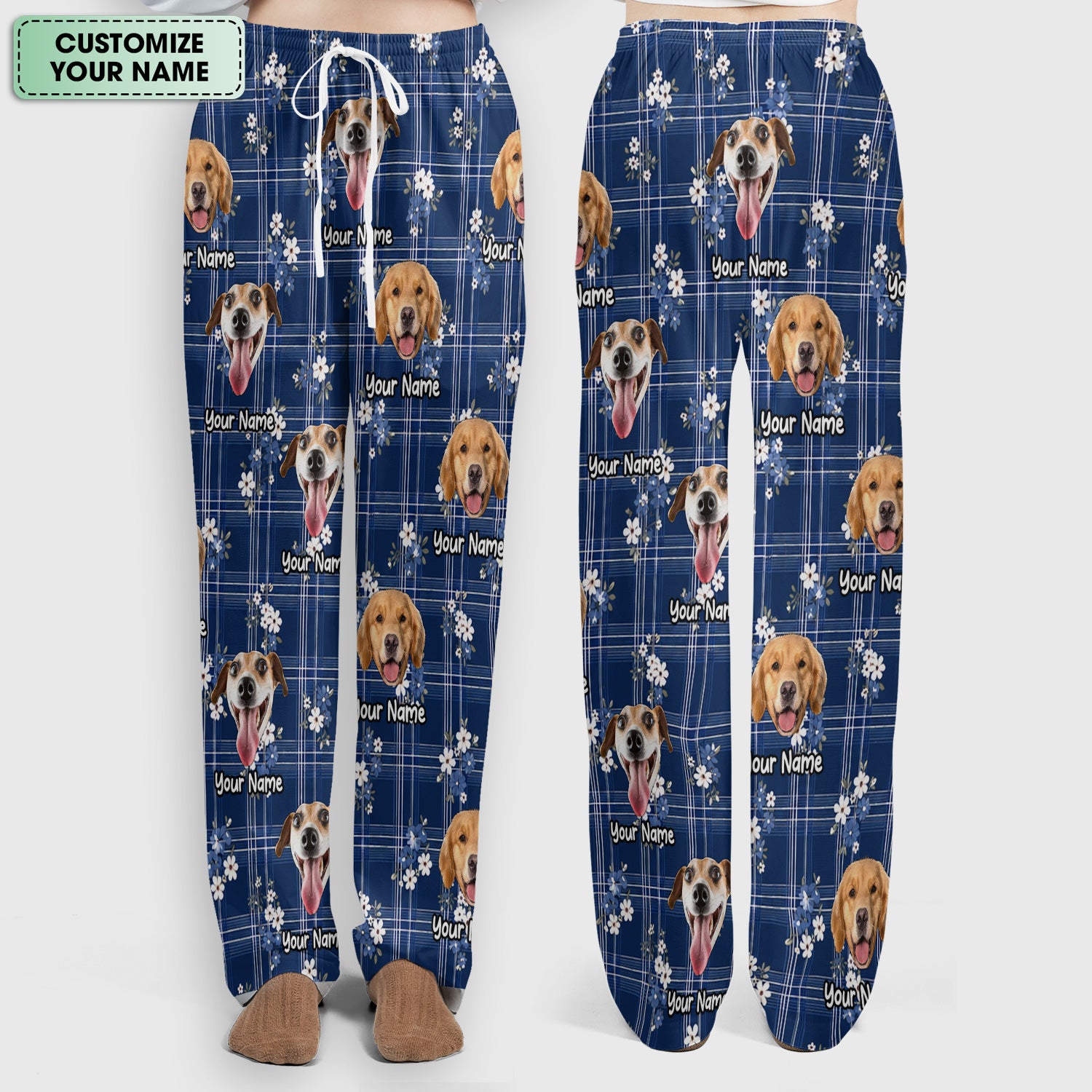 Custom Face Dog With Floral Plaid Pattern Scrub Set, Scrub Pants and V Neck Top