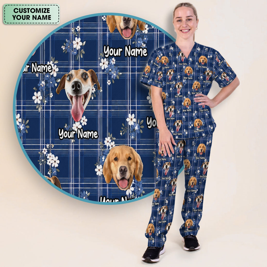 Custom Face Dog With Floral Plaid Pattern Scrub Set, Scrub Pants and V Neck Top