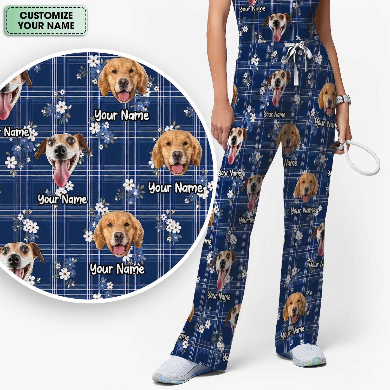 Custom Face Dog With Floral Plaid Pattern Scrub Set, Scrub Pants and V Neck Top