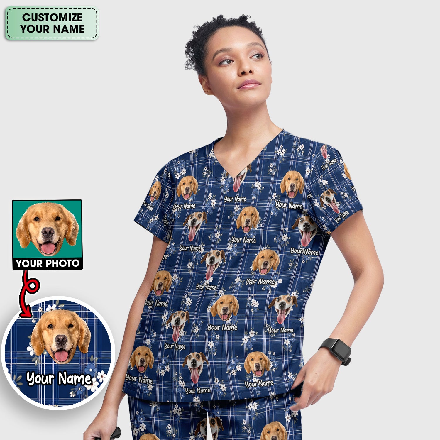 Custom Face Dog With Floral Plaid Pattern Scrub Set, Scrub Pants and V Neck Top