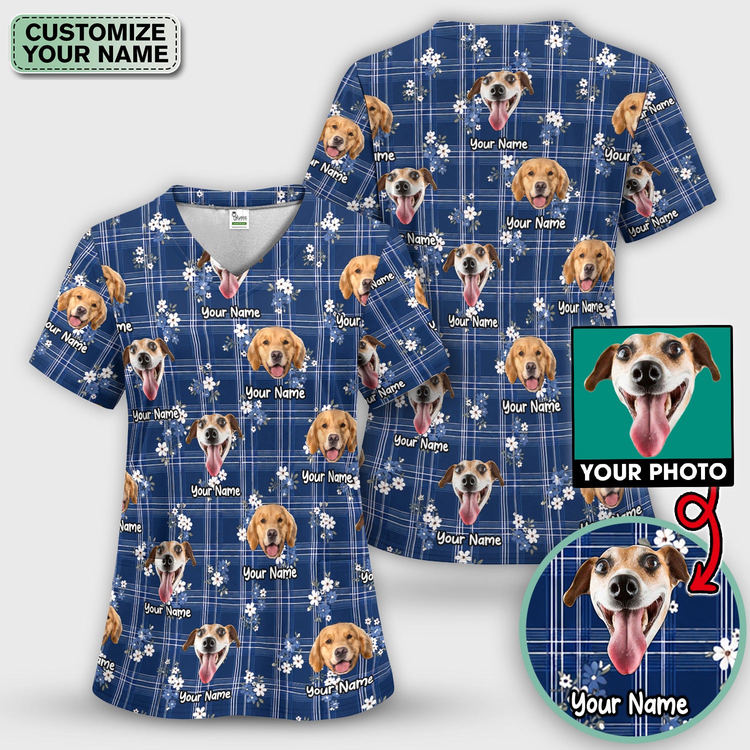 Custom Face Dog With Floral Plaid Pattern Scrub Set, Scrub Pants and V Neck Top
