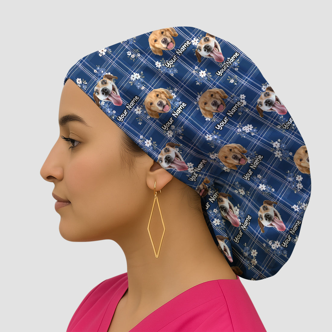 Custom Face Dog With Floral Plaid Pattern Scrub Cap, Surgical Caps for Doctors