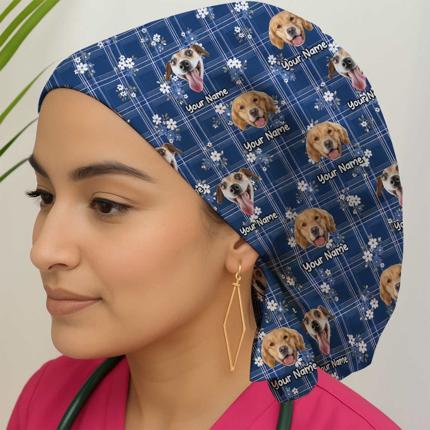 Custom Face Dog With Floral Plaid Pattern Scrub Cap, Surgical Caps for Doctors
