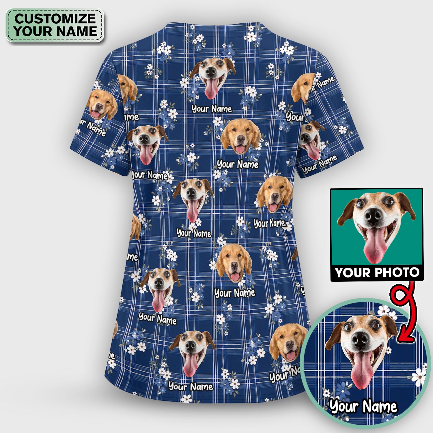 Custom Face Dog With Floral Plaid Pattern Scrub Set, Scrub Pants and V Neck Top