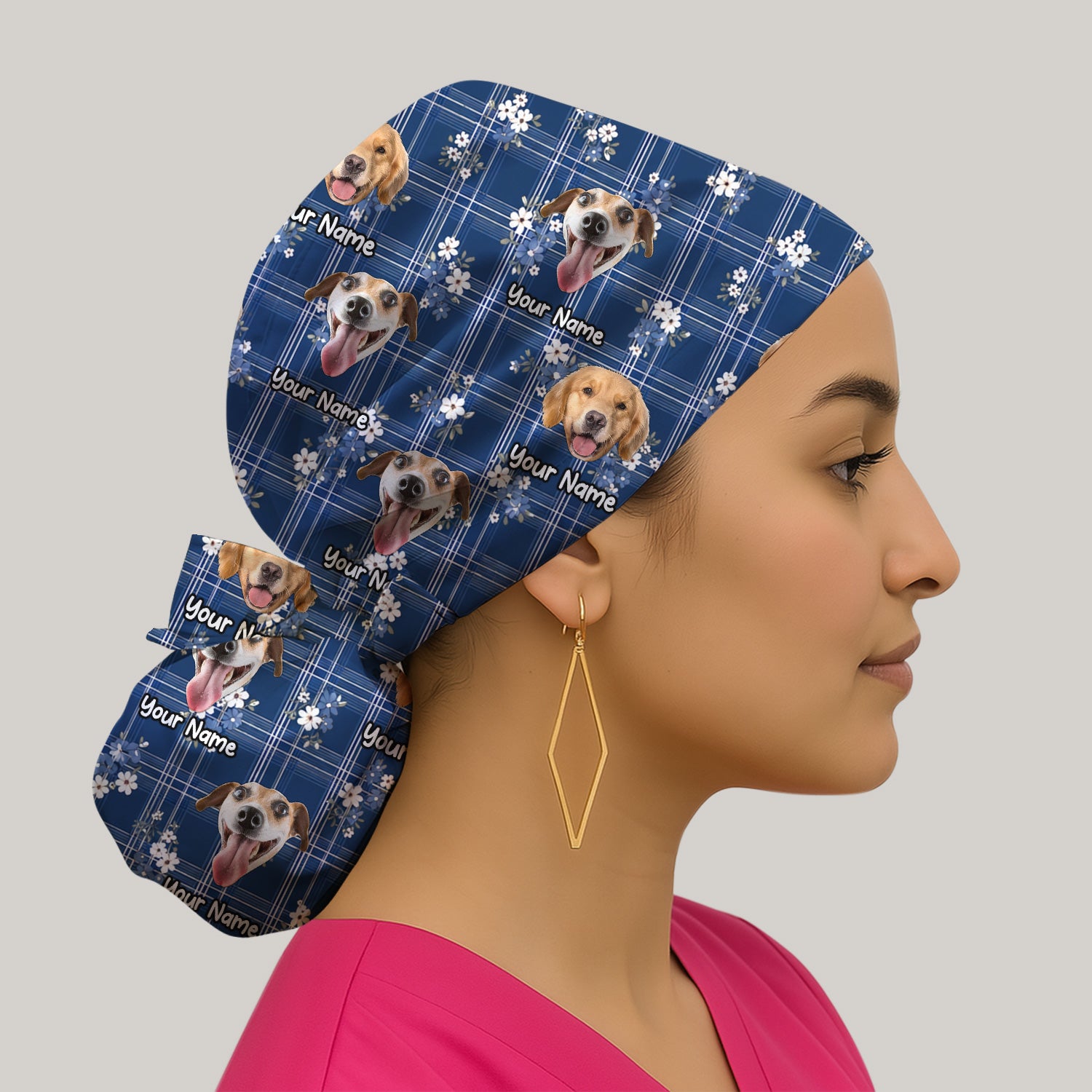 Custom Face Dog With Floral Plaid Pattern Scrub Cap, Surgical Caps for Doctors