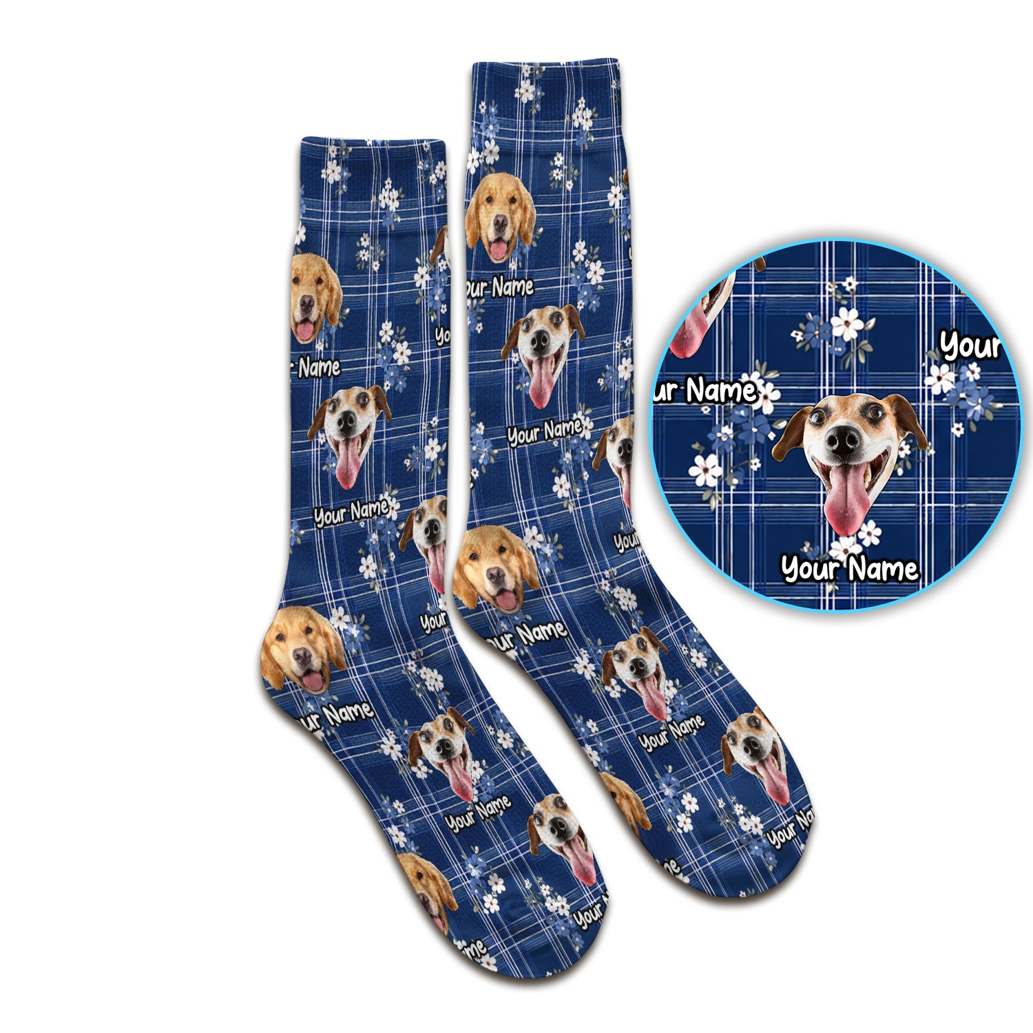 Custom Face Dog With Floral Plaid Pattern Socks, Adult Socks for Men and Women