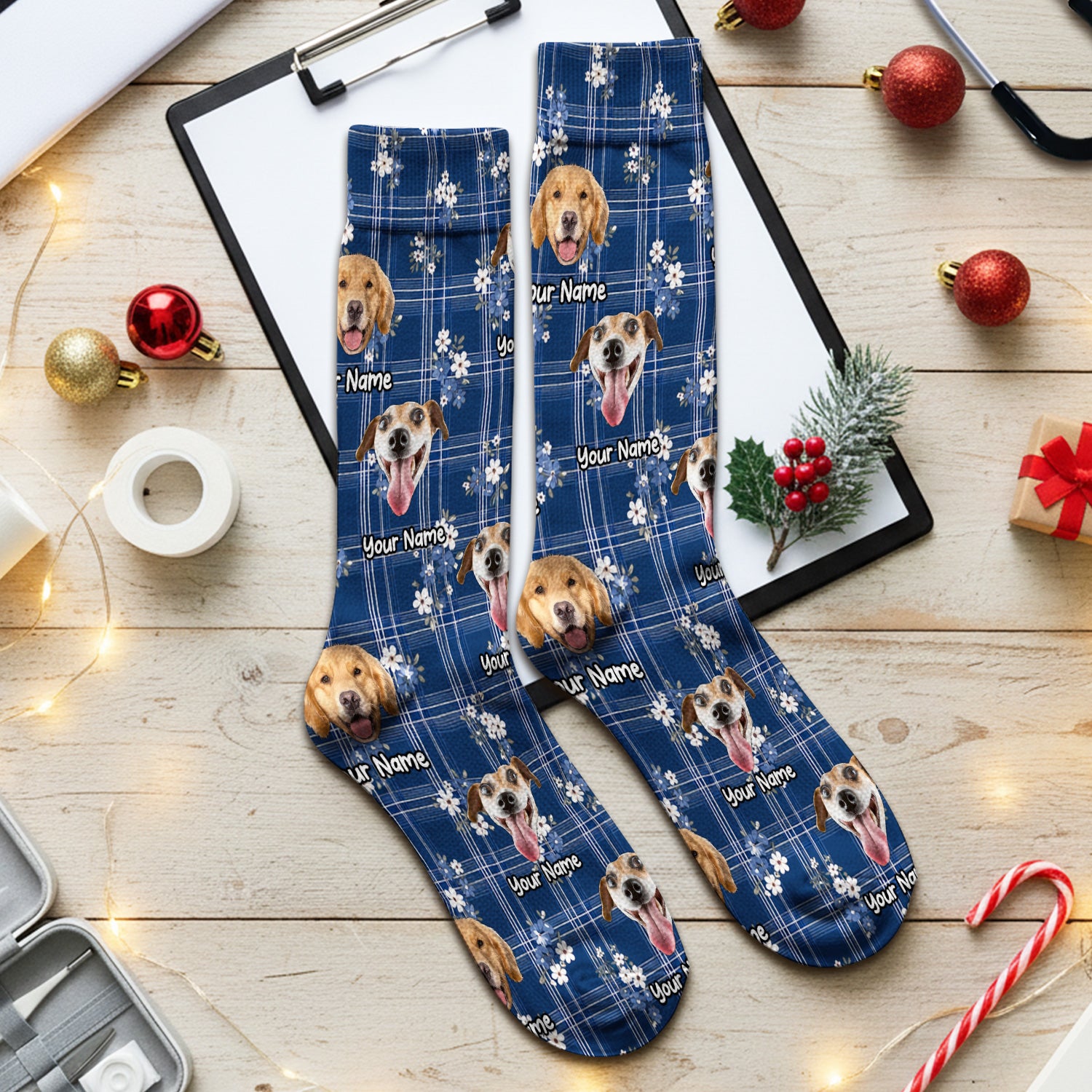 Custom Face Dog With Floral Plaid Pattern Socks, Adult Socks for Men and Women