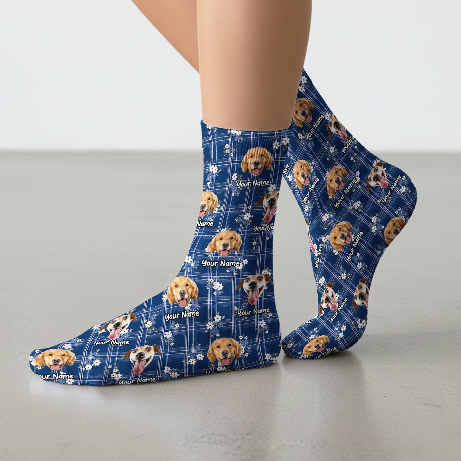 Custom Face Dog With Floral Plaid Pattern Socks, Adult Socks for Men and Women
