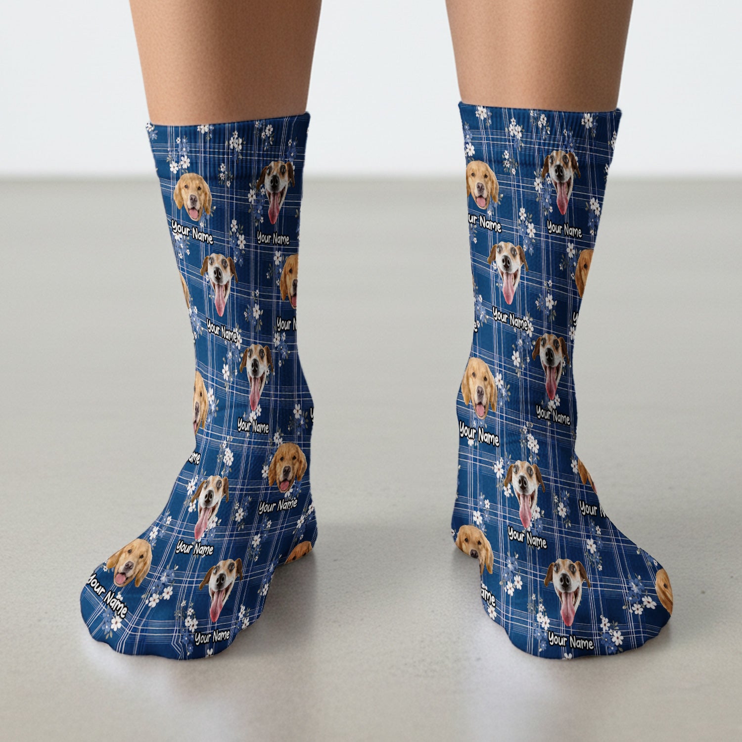Custom Face Dog With Floral Plaid Pattern Socks, Adult Socks for Men and Women