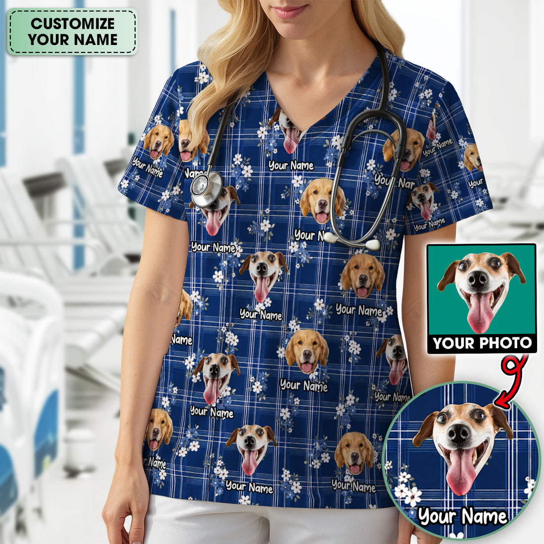 Custom Face Dog With Floral Plaid Pattern Scrub Top, Comfortable Scrubs for Nurses