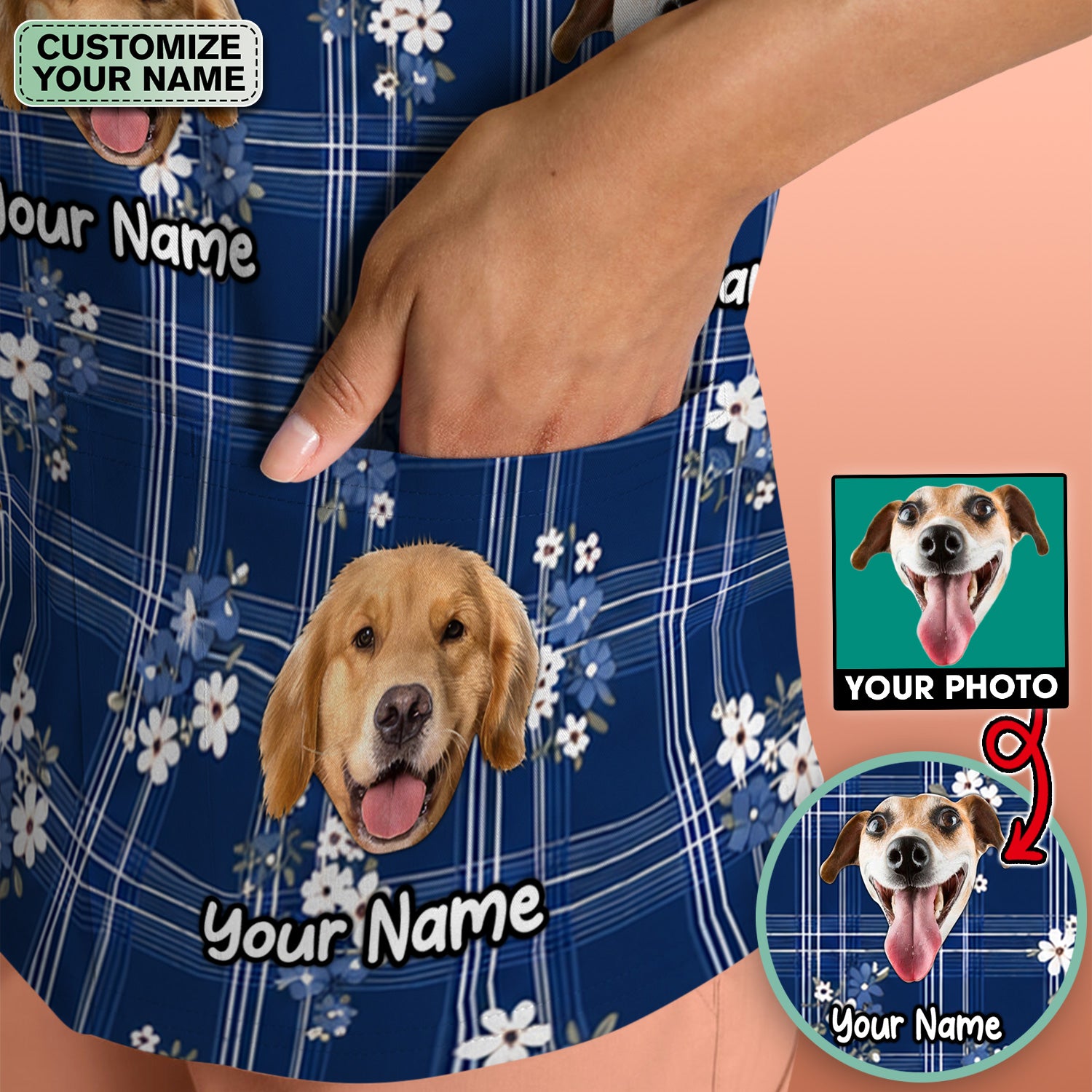 Custom Face Dog With Floral Plaid Pattern Scrub Top, Comfortable Scrubs for Nurses