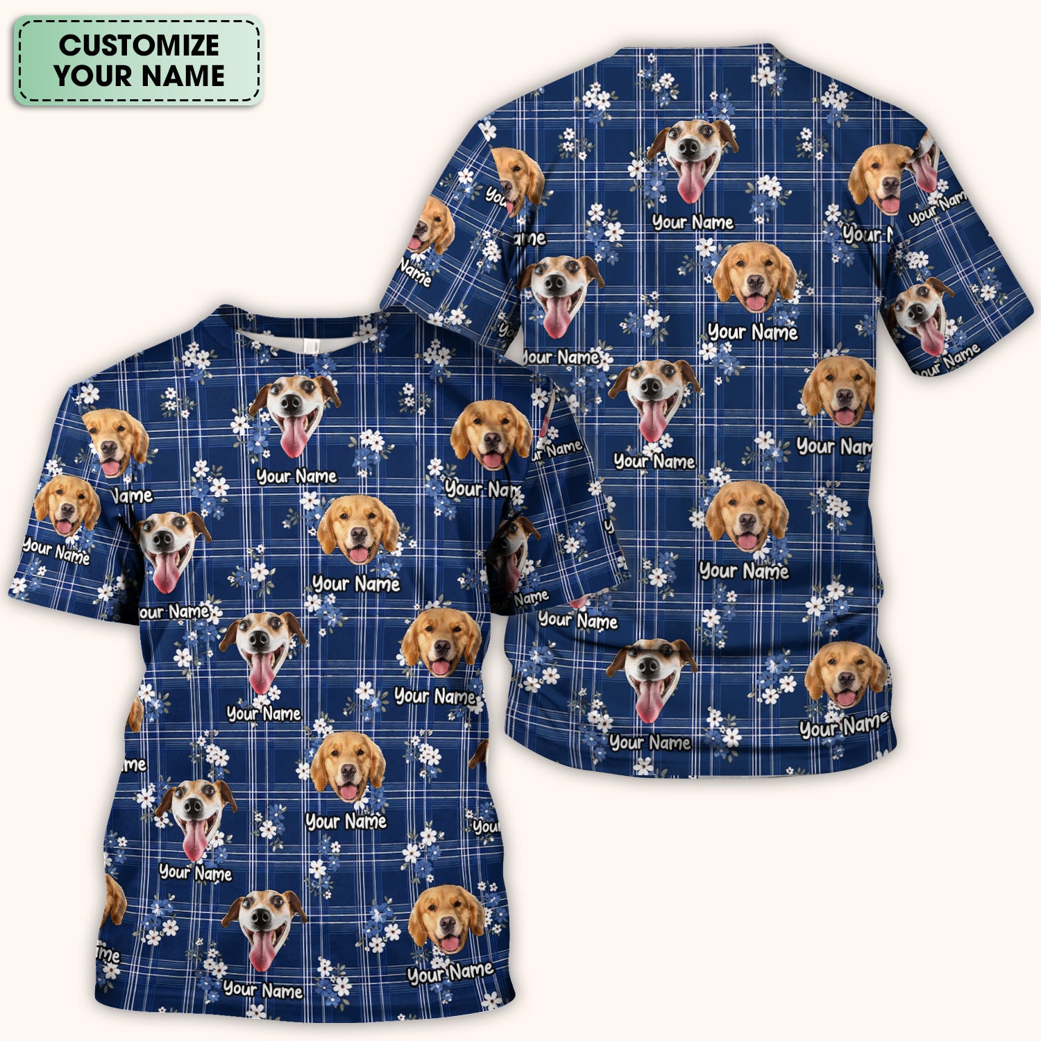 Custom Face Dog With Floral Plaid Pattern Scrub Top, Comfortable Scrubs for Nurses