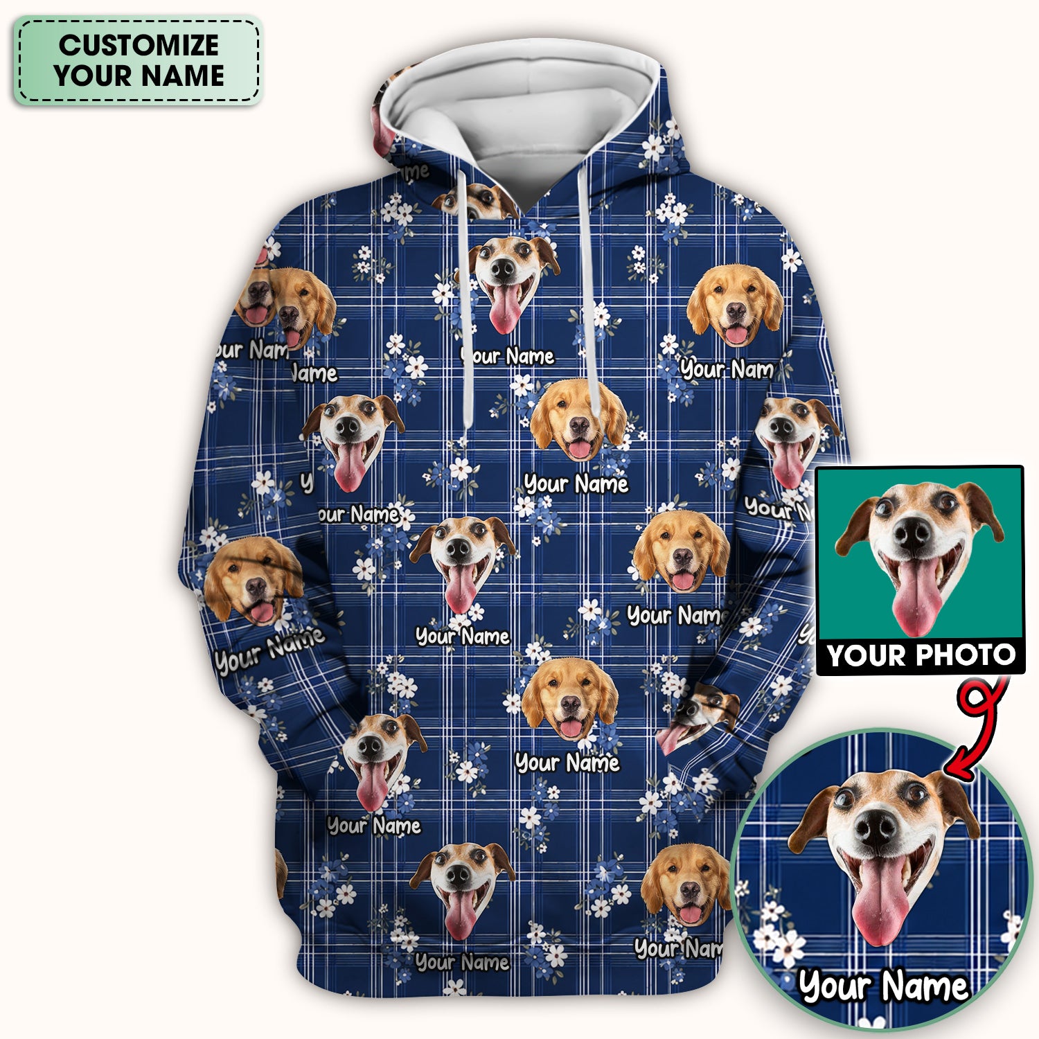 Custom Face Dog With Floral Plaid Pattern Scrub Top, Comfortable Scrubs for Nurses