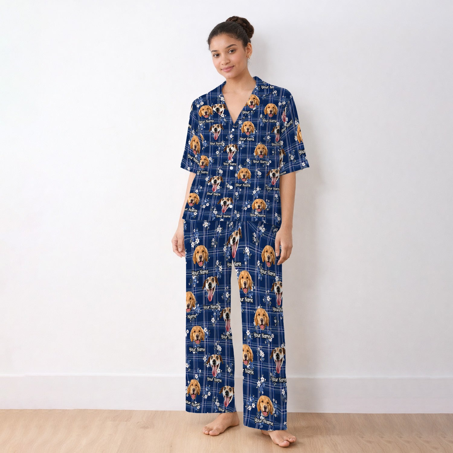 Custom Face Dog With Floral Plaid Pattern Pajama Set, Soft Breathable Fabric Comfortable Sleepwear