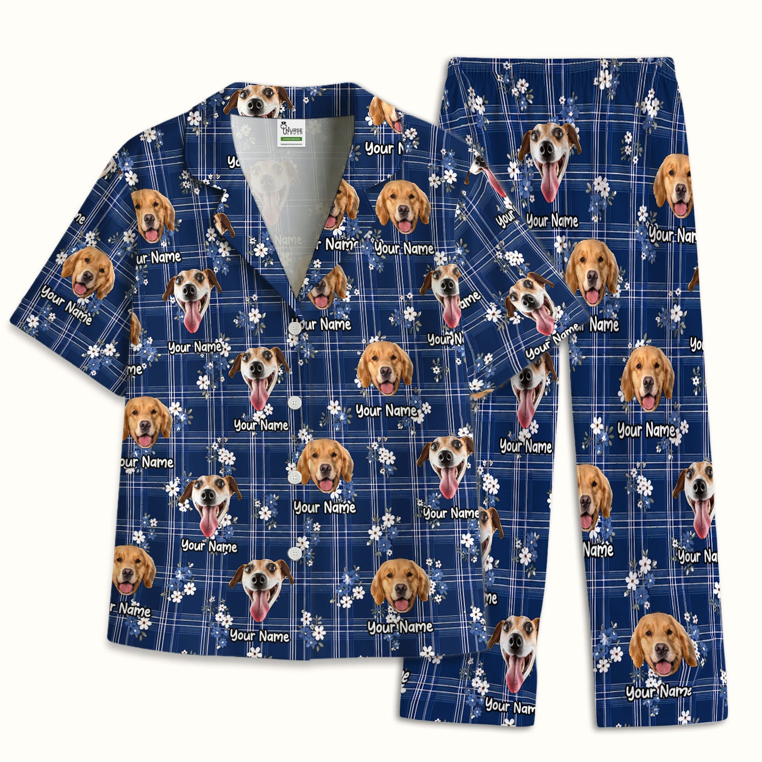 Custom Face Dog With Floral Plaid Pattern Pajama Set, Soft Breathable Fabric Comfortable Sleepwear