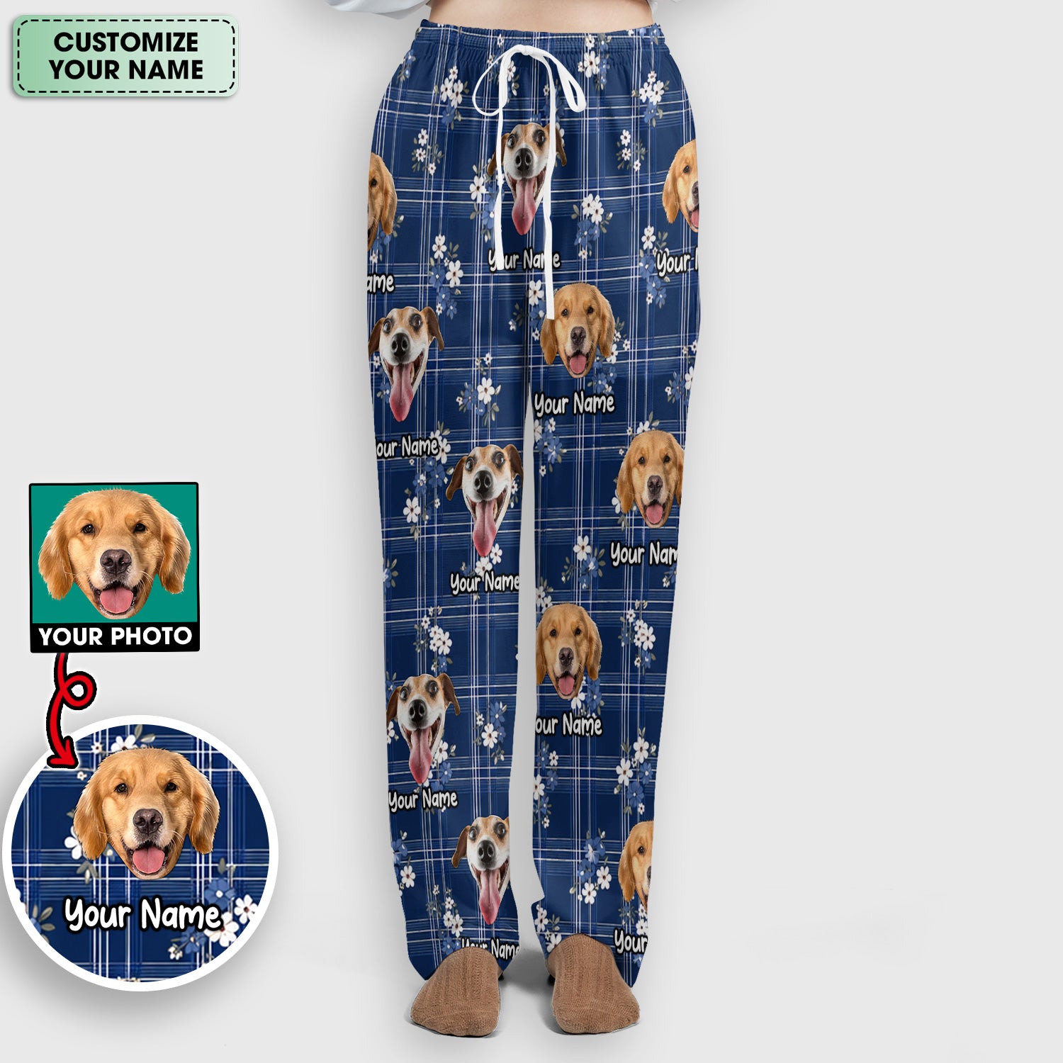 Custom Face Dog With Floral Plaid Pattern Scrub Set, Scrub Pants and V Neck Top