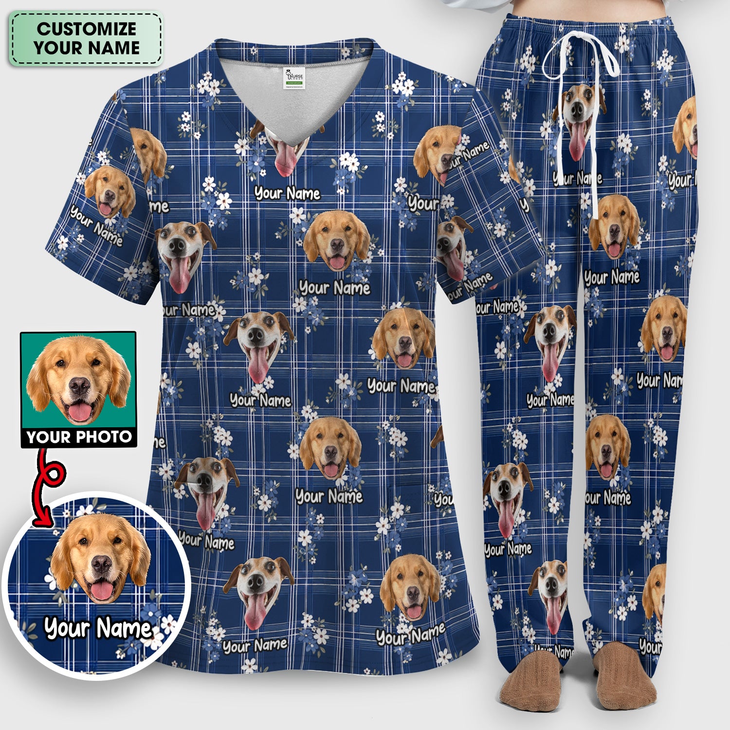 Custom Face Dog With Floral Plaid Pattern Scrub Set, Scrub Pants and V Neck Top