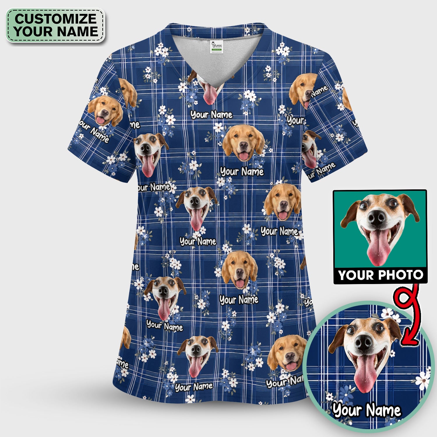 Custom Face Dog With Floral Plaid Pattern Scrub Set, Scrub Pants and V Neck Top