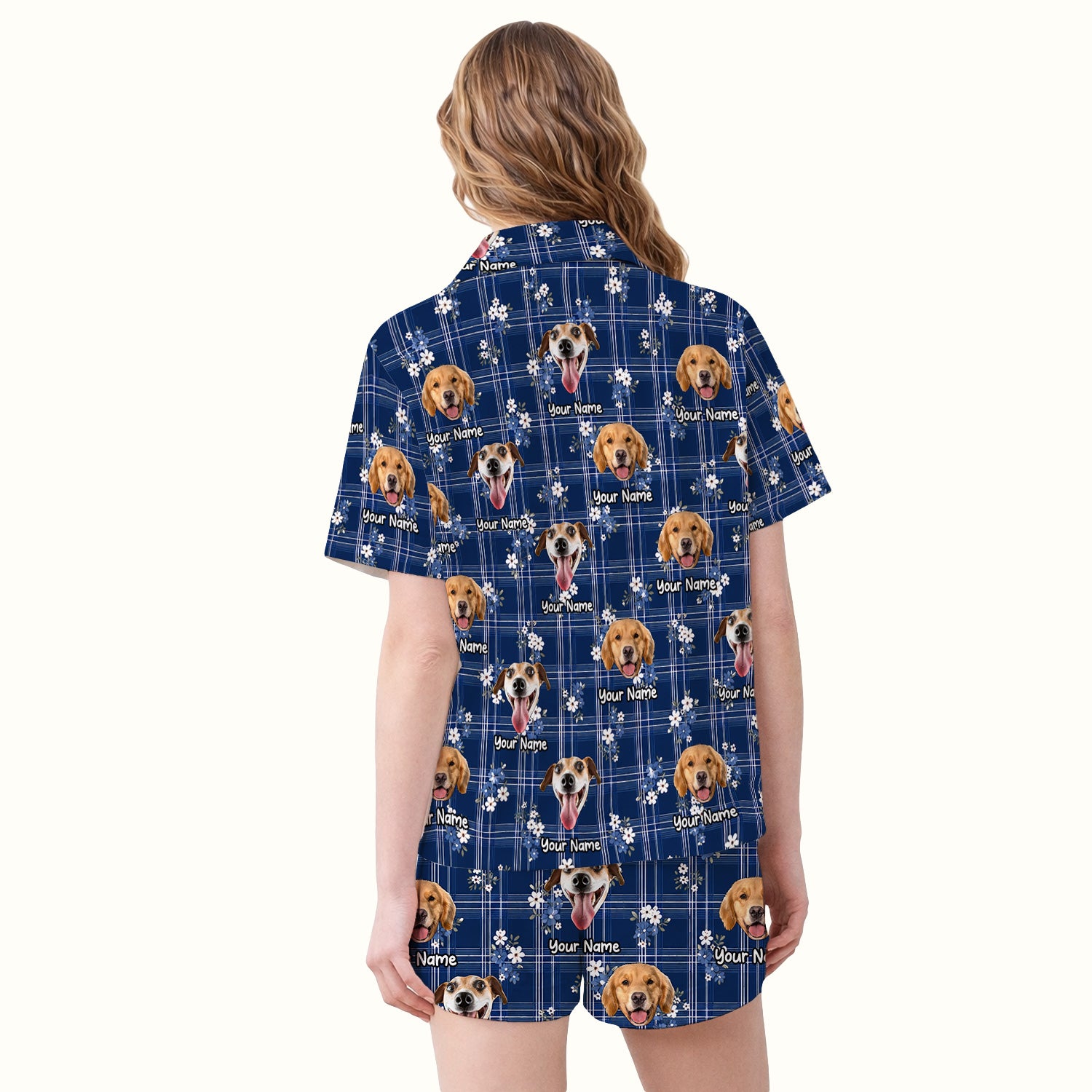 Custom Face Dog With Floral Plaid Pattern Pajama Set, Soft Breathable Fabric Comfortable Sleepwear