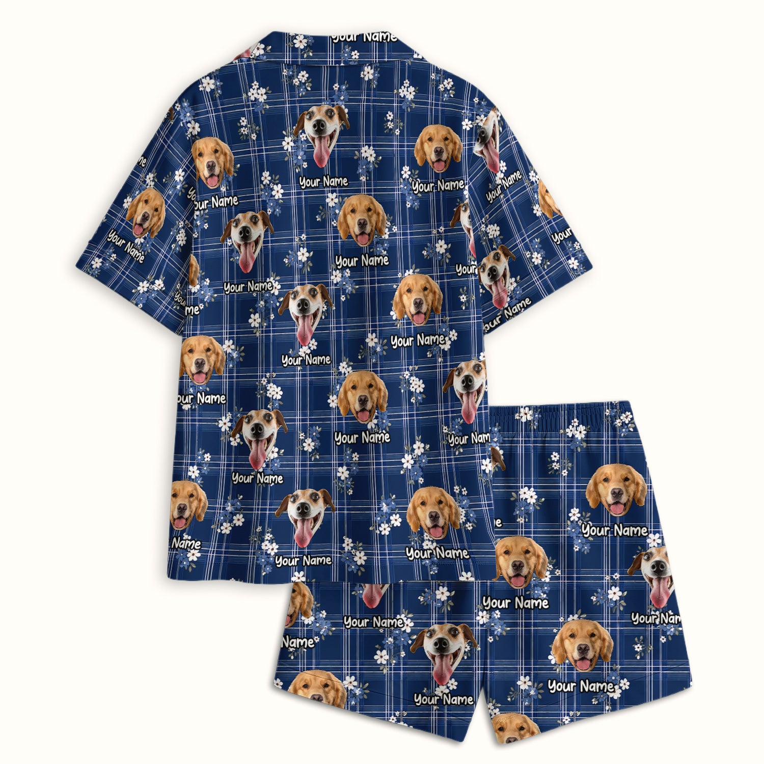 Custom Face Dog With Floral Plaid Pattern Pajama Set, Soft Breathable Fabric Comfortable Sleepwear