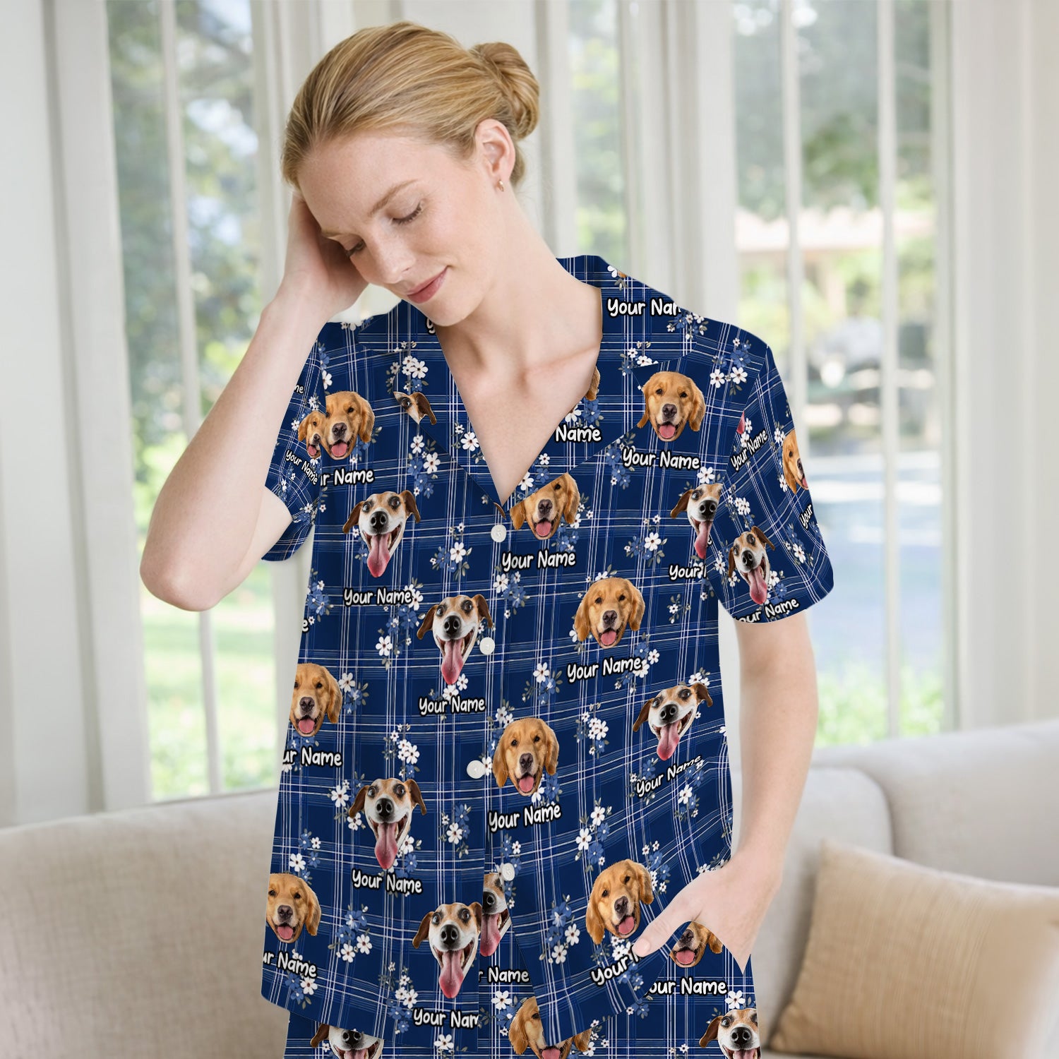 Custom Face Dog With Floral Plaid Pattern Pajama Set, Soft Breathable Fabric Comfortable Sleepwear
