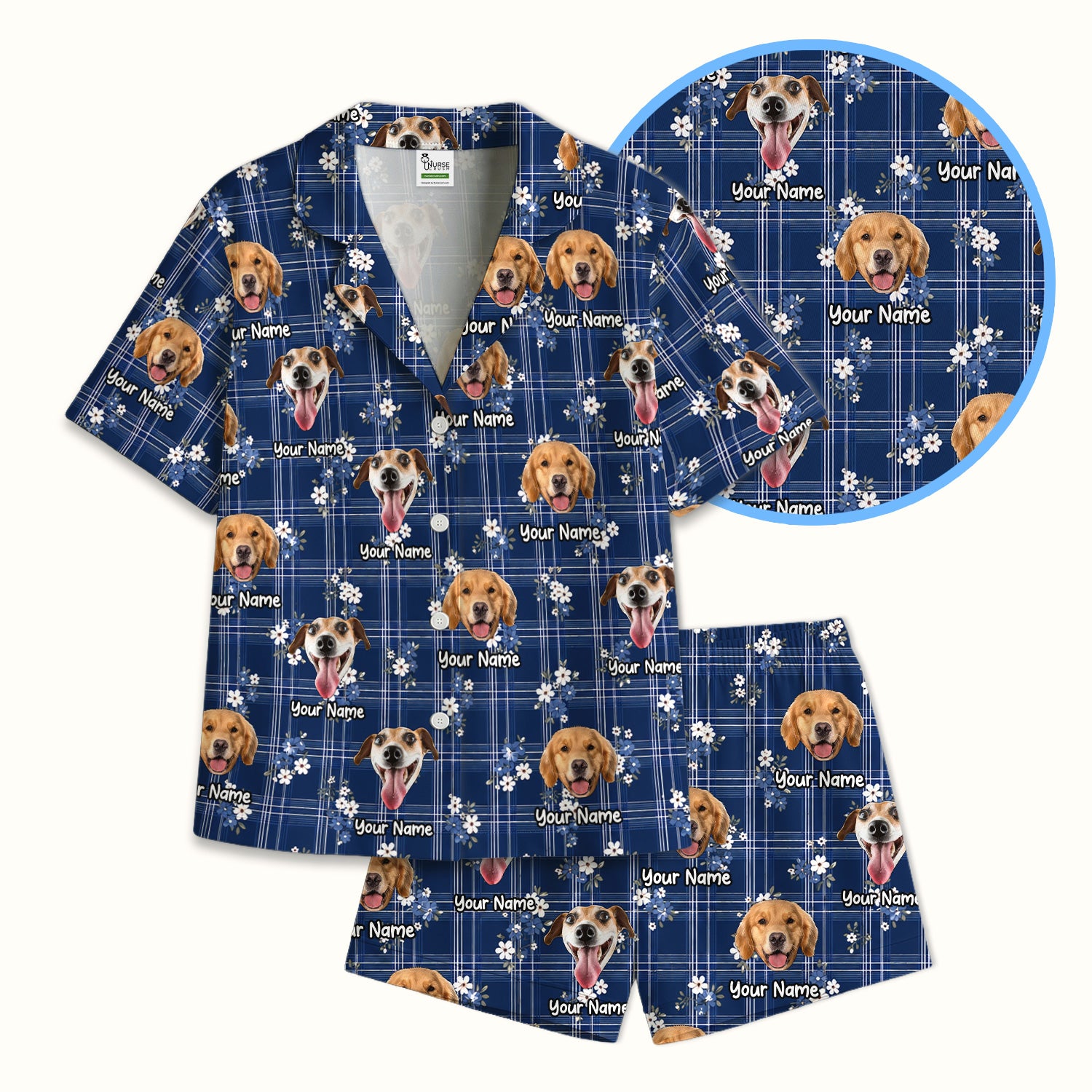 Custom Face Dog With Floral Plaid Pattern Pajama Set, Soft Breathable Fabric Comfortable Sleepwear