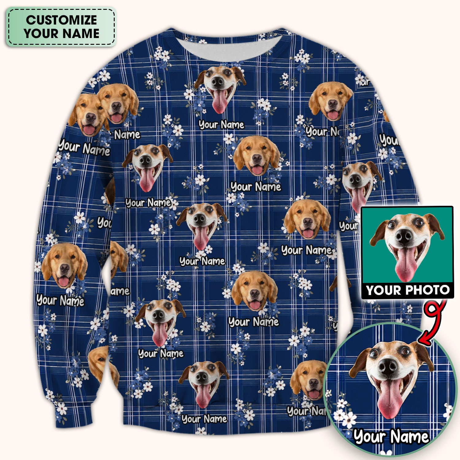 Custom Face Dog With Floral Plaid Pattern Scrub Top, Comfortable Scrubs for Nurses