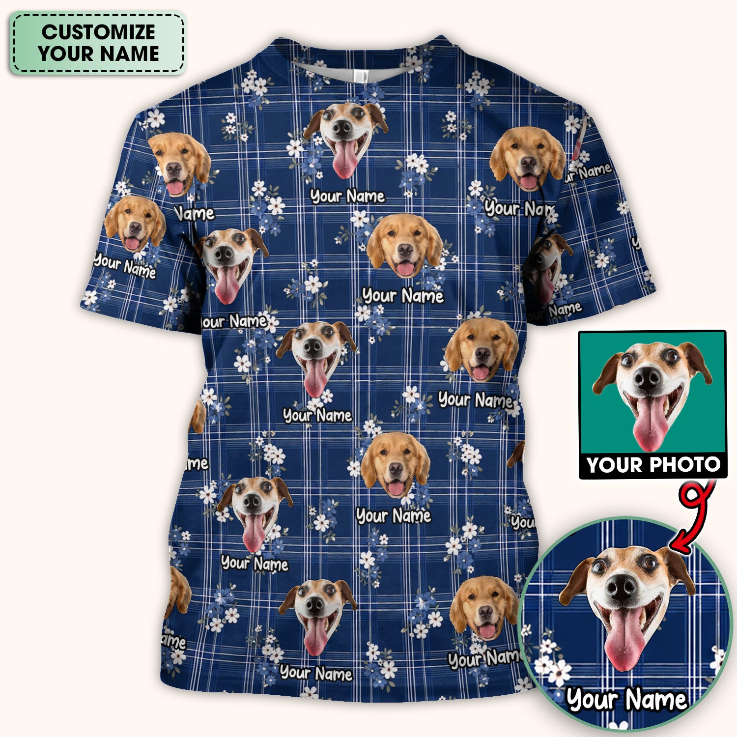 Custom Face Dog With Floral Plaid Pattern Scrub Top, Comfortable Scrubs for Nurses