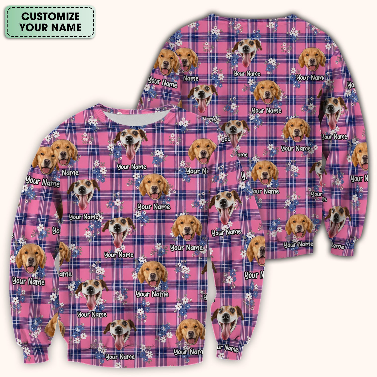 Custom Face Dog With Floral Plaid Pattern Scrub Top, Comfortable Scrubs for Nurses