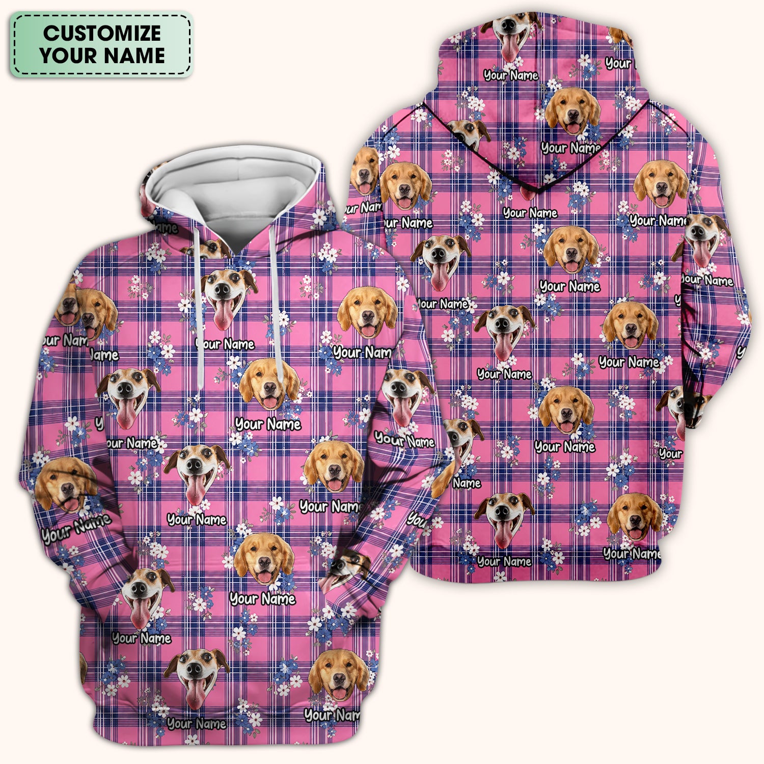 Custom Face Dog With Floral Plaid Pattern Scrub Top, Comfortable Scrubs for Nurses